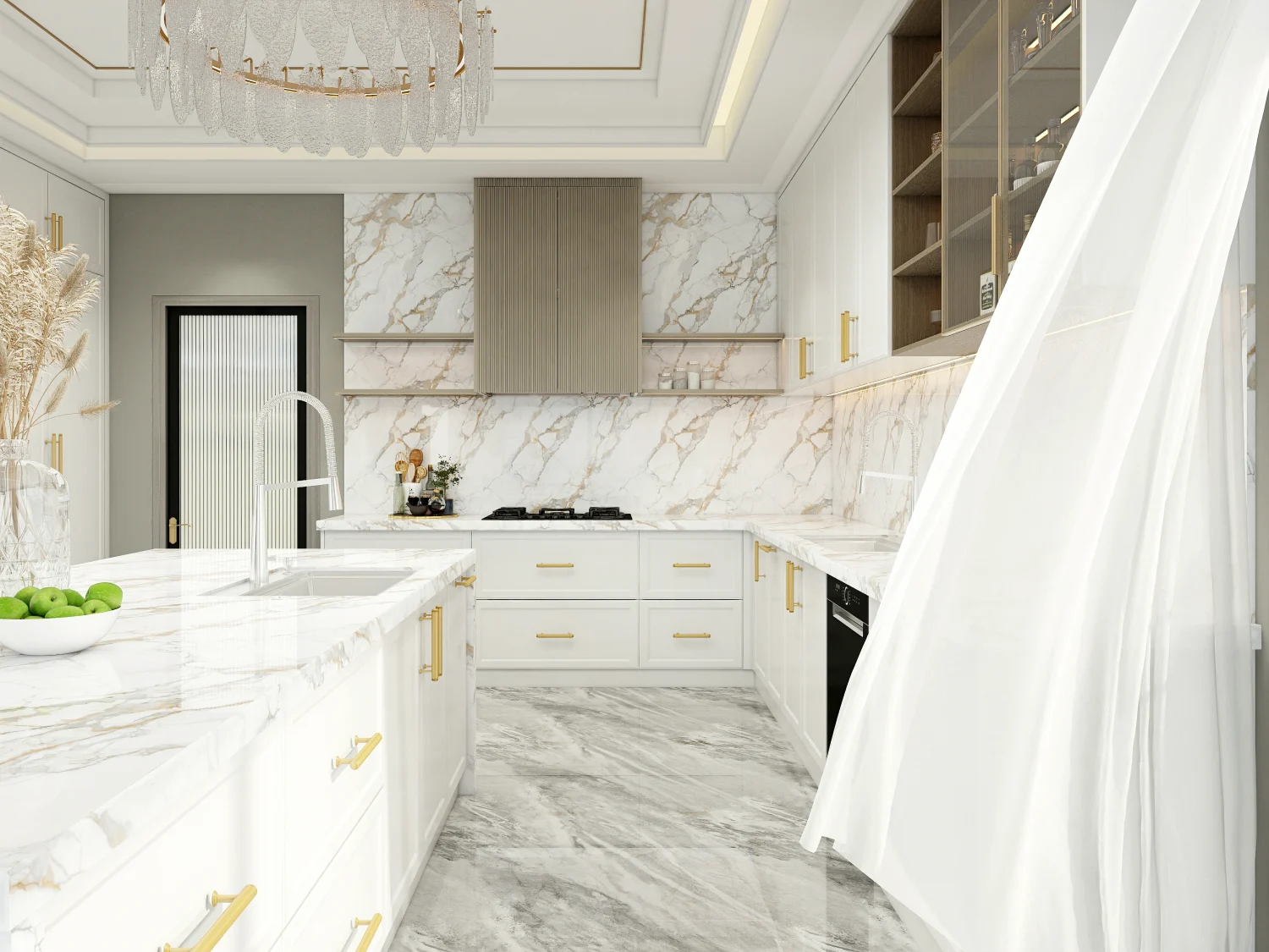 Patterned tile backsplash with shaker kitchen cabinets in a modern kitchen