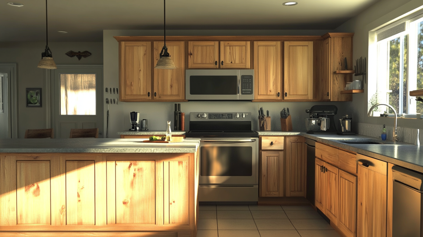 Kitchen with pine shaker cabinet doors and natural wood grain
