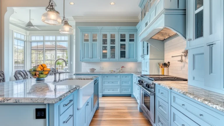 Light blue kitchen cabinets with white marble countertops, airy design
