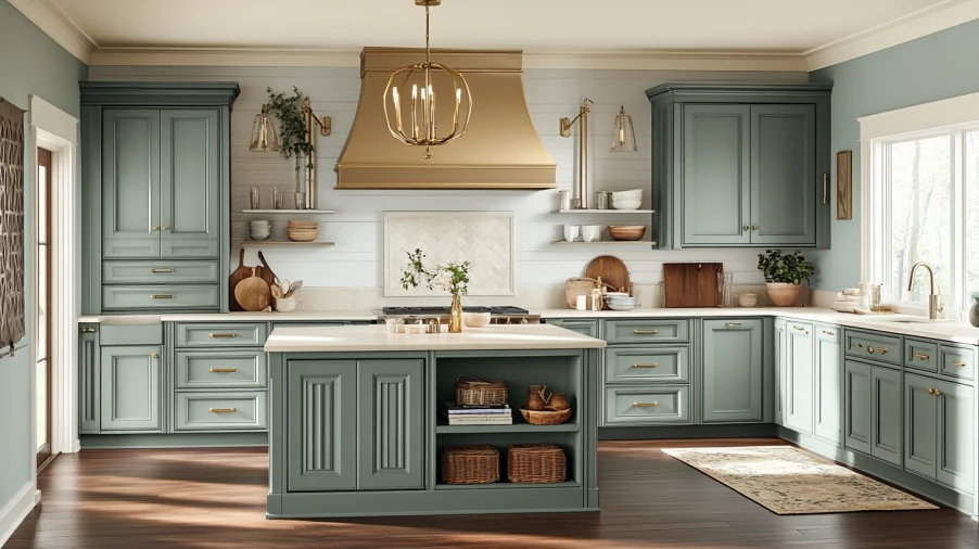 Latest blue kitchen cabinets design ideas 5 Sage blue kitchen cabinets with brass accents, modern design