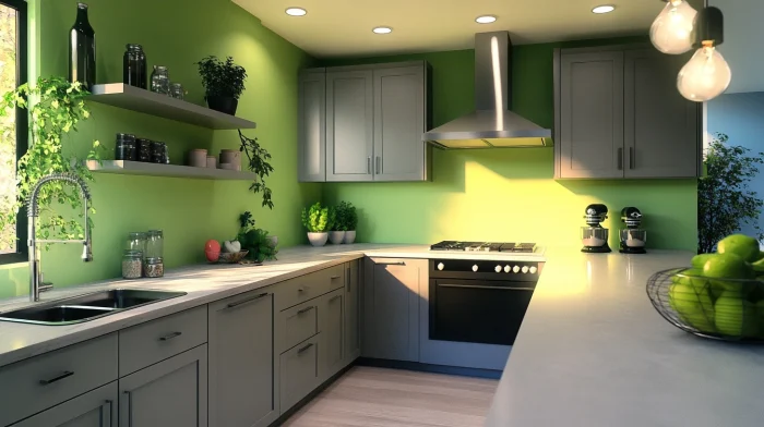 What Wall Color Goes With Grey Kitchen Cabinets? 7 Sage green wall with contemporary grey kitchen cabinets and natural wood accents.