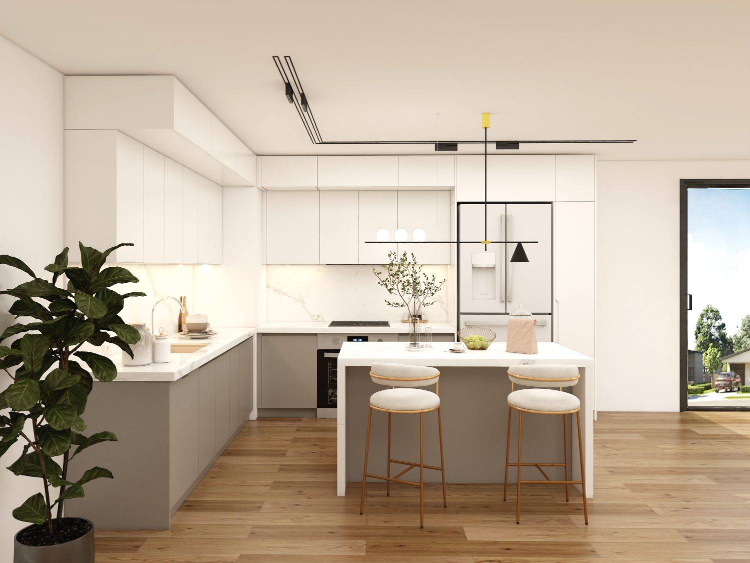 Frameless cabinets in Scandinavian-inspired interior with minimalist design.