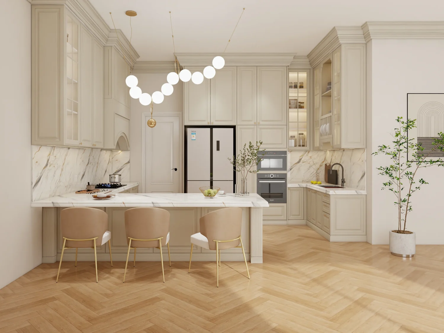 Shaker style kitchen with cream colored kitchen cabinets, marble backsplash, and wooden accents