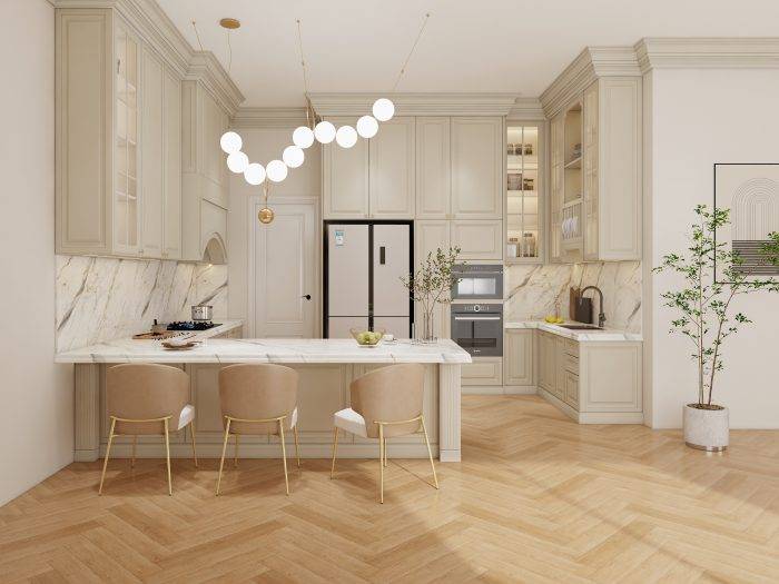 Shaker style kitchen with cream colored kitchen cabinets, marble backsplash, and wooden accents