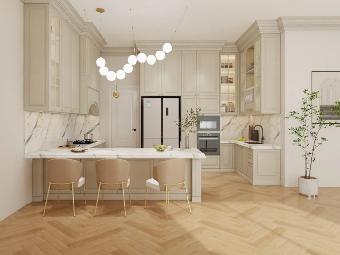 Shaker style kitchen with cream colored kitchen cabinets, marble backsplash, and wooden accents