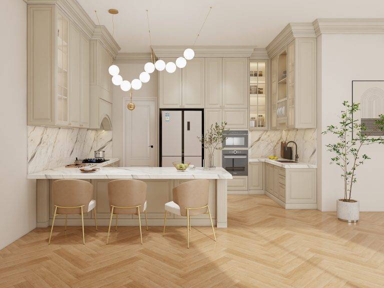 Shaker style kitchen with cream colored kitchen cabinets, marble backsplash, and wooden accents