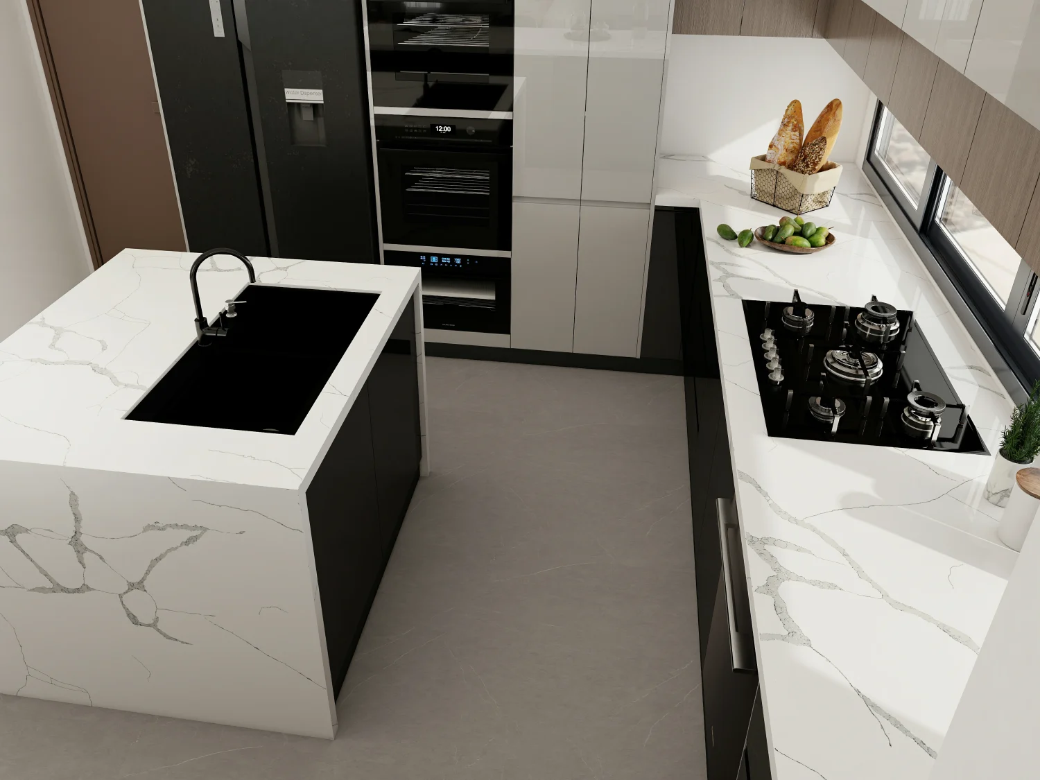 sleek-white-quartz-kitchen Black cabinetry and white quartz kitchen countertop