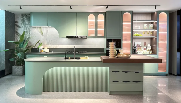 Smart LED kitchen cabinet design with motion-activated doors and charging