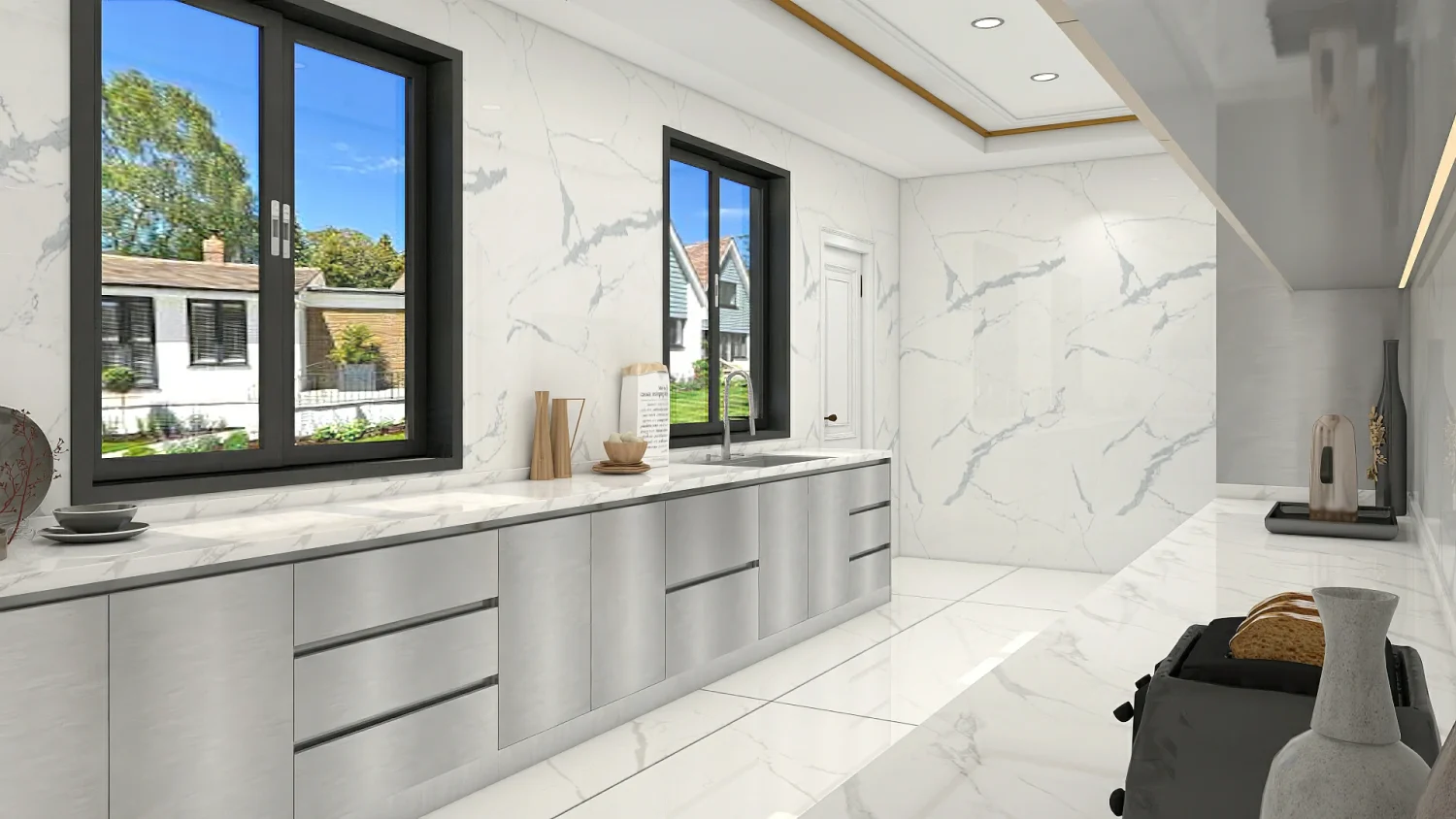 What Are the Pros and Cons of Metal Kitchen Cabinets? 3 Modern kitchen with stainless steel kitchen cabinets, white marble countertop, and large windows showcasing the outdoor view