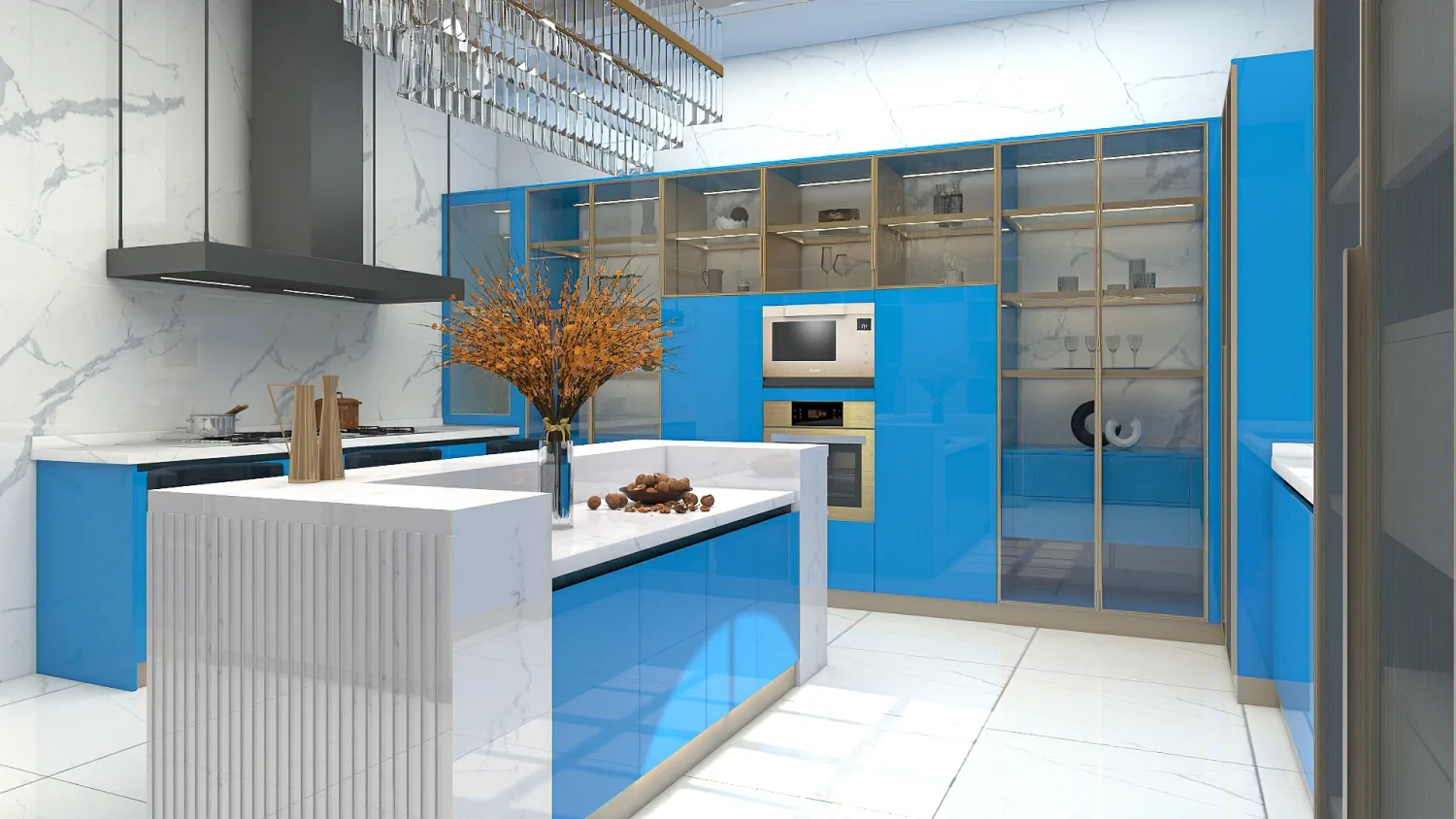 Modern kitchen with stainless steel kitchen cabinets, bright blue accents, and contemporary appliances