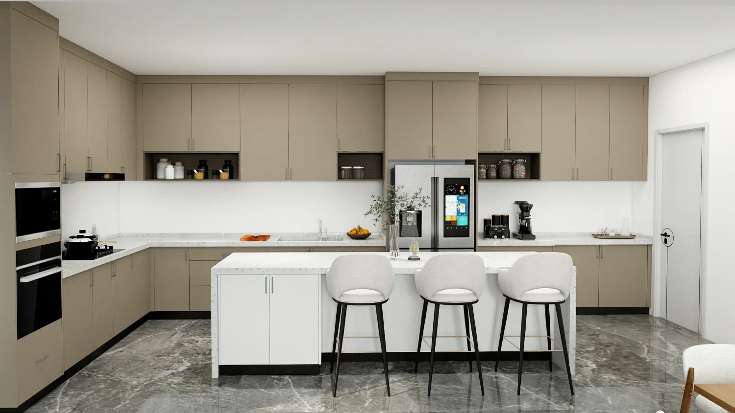 What Are the Pros and Cons of Taupe Kitchen Cabinets? 1 taupe color kitchen cabinets in a modern kitchen design
