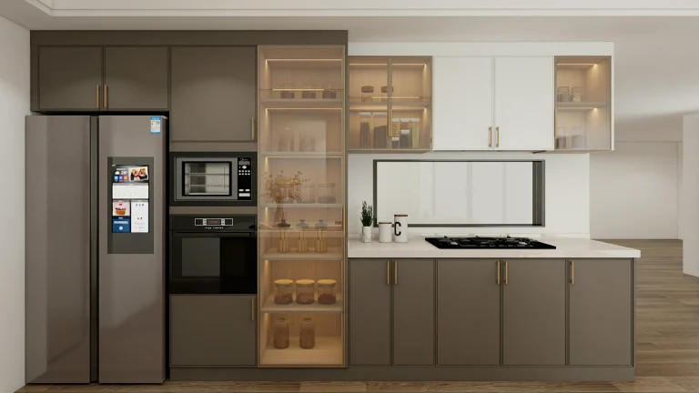 taupe kitchen cabinets paired with natural wood and modern appliances