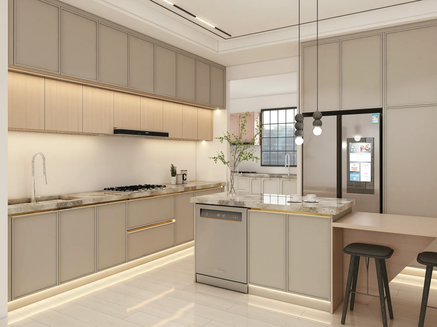 taupe kitchen cabinets in a modern kitchen with clean surfaces and minimal clutter