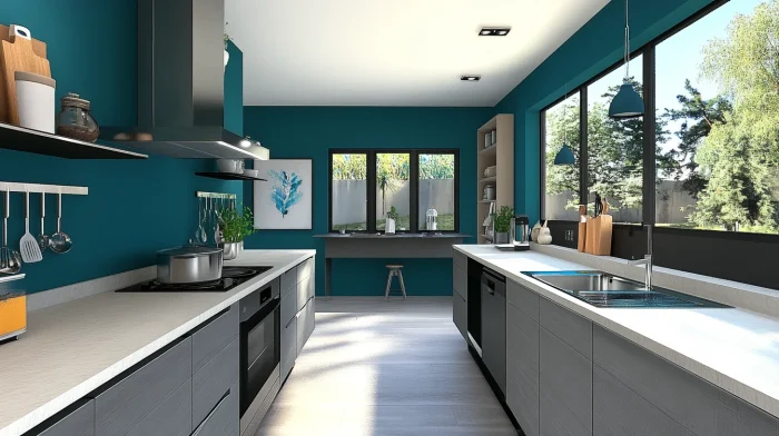 What Wall Color Goes With Grey Kitchen Cabinets? 8 Teal wall with medium grey kitchen cabinets and brass hardware in a vibrant kitchen.