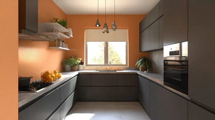 What Wall Color Goes With Grey Kitchen Cabinets? 9 Terracotta wall with grey kitchen cabinets and rustic stone and wood accents.