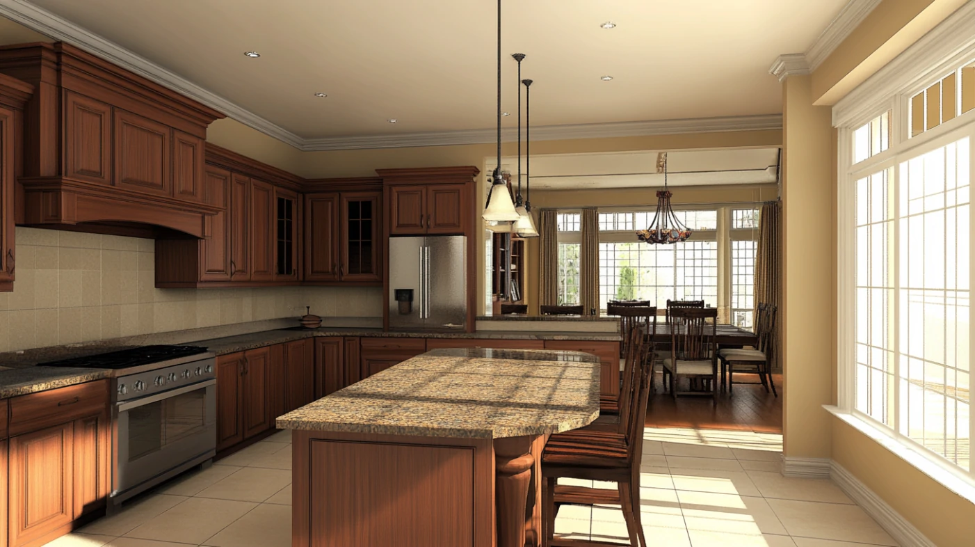Traditional kitchen with mahogany wood cabinets, granite countertops, and antique brass hardware