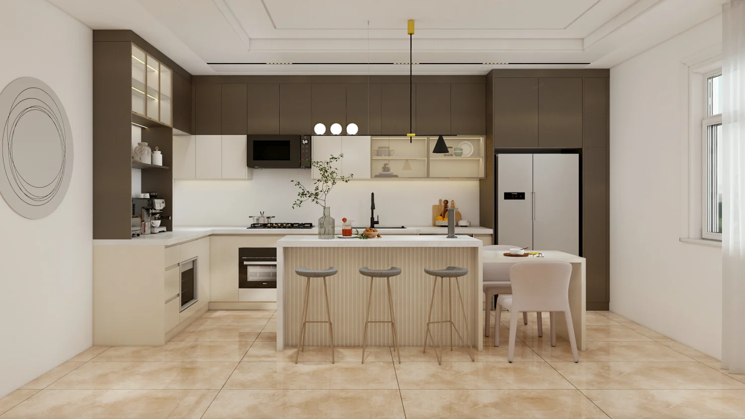 warm taupe kitchen cabinets in a cozy, modern kitchen space