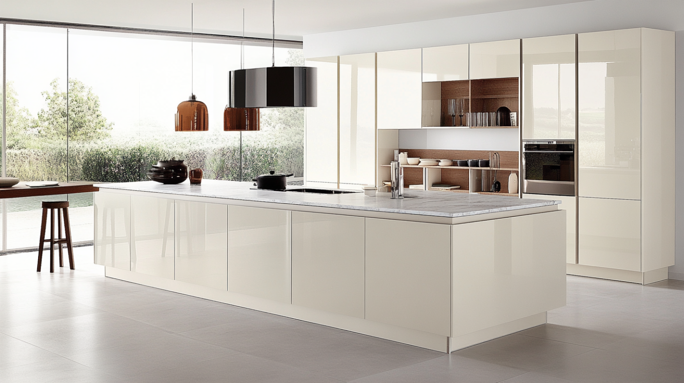 Modern kitchen with cream colored kitchen cabinets and crisp white walls