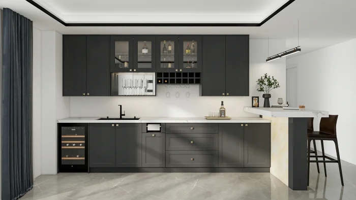 Elegant modern kitchen with white walls and grey kitchen cabinets, white countertops, and glass door cabinets.