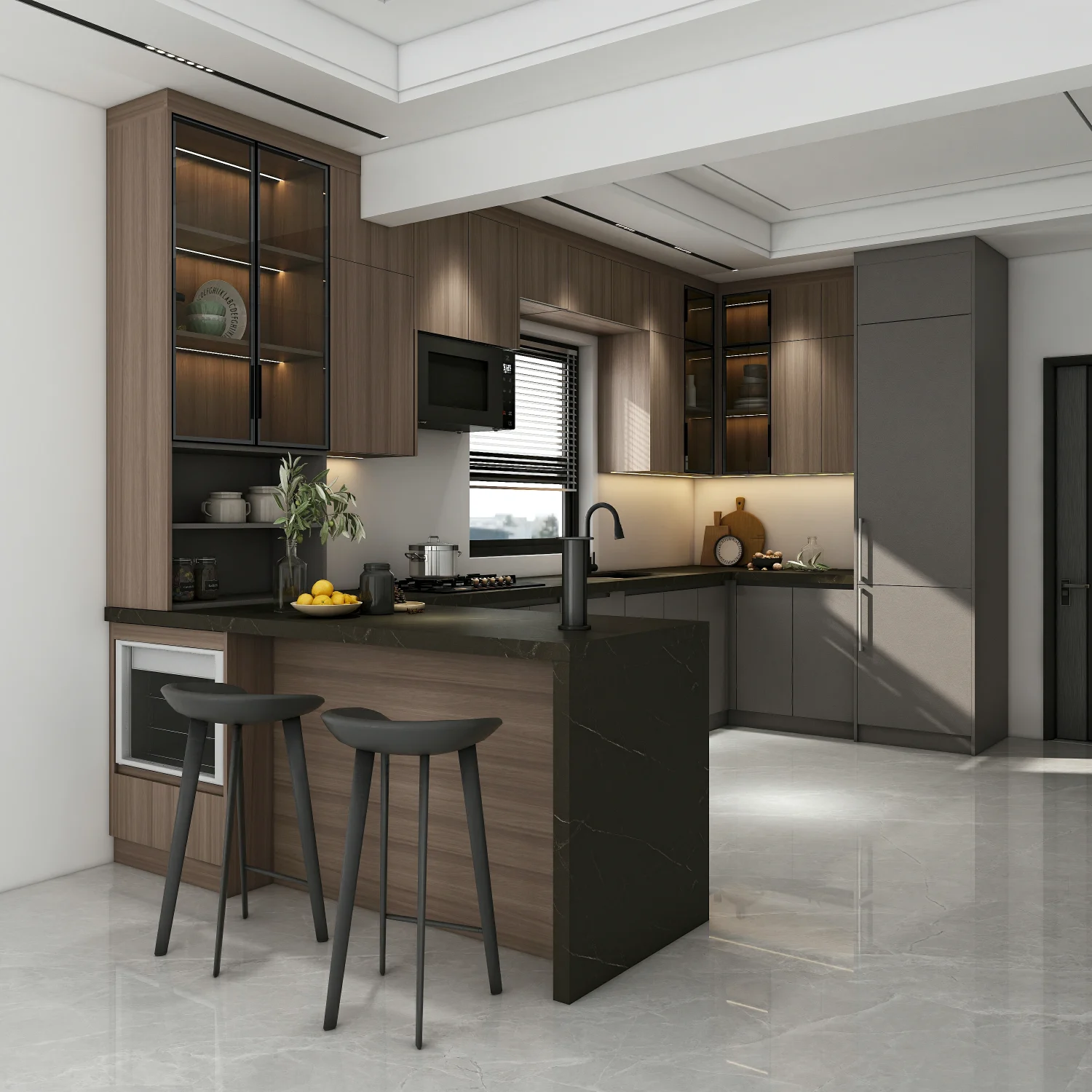 Brown Kitchen Cabinets Inspiration: Top 20 Ideas 29 Kitchen with brown kitchen cabinets featuring glass-front doors and elegant lighting