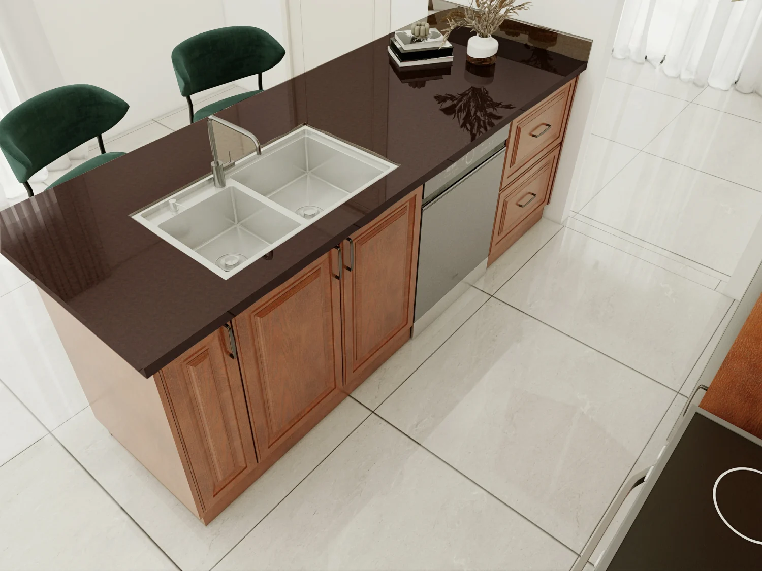 Brown Kitchen Cabinets Inspiration: Top 20 Ideas 30 Kitchen island with brown kitchen cabinets and dark natural stone countertop