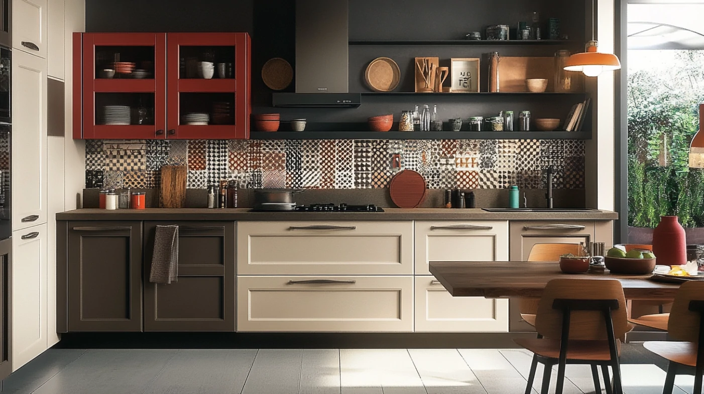 Brown Kitchen Cabinets Inspiration: Top 20 Ideas 31 Retro-inspired kitchen with brown kitchen cabinets and patterned tile backsplash