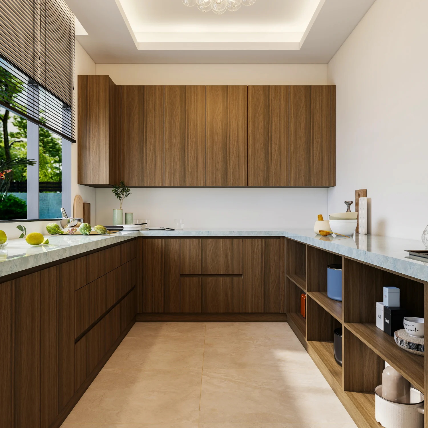 Brown Kitchen Cabinets Inspiration: Top 20 Ideas 32 Kitchen with brown kitchen cabinets and open wooden shelving