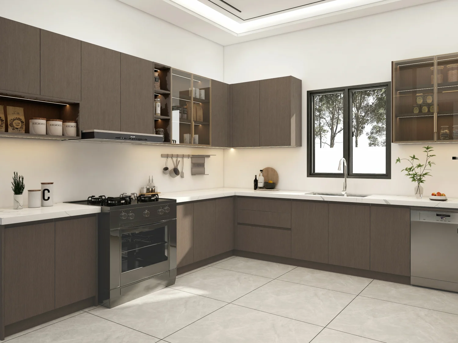 Brown Kitchen Cabinets Inspiration: Top 20 Ideas 35 Kitchen with brown kitchen cabinets and white neutral walls
