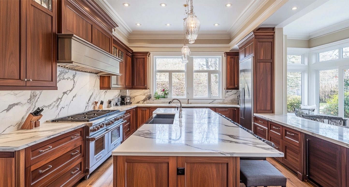 Wellborn cherry wood cabinets with marble countertops, stainless steel appliances, and natural light.