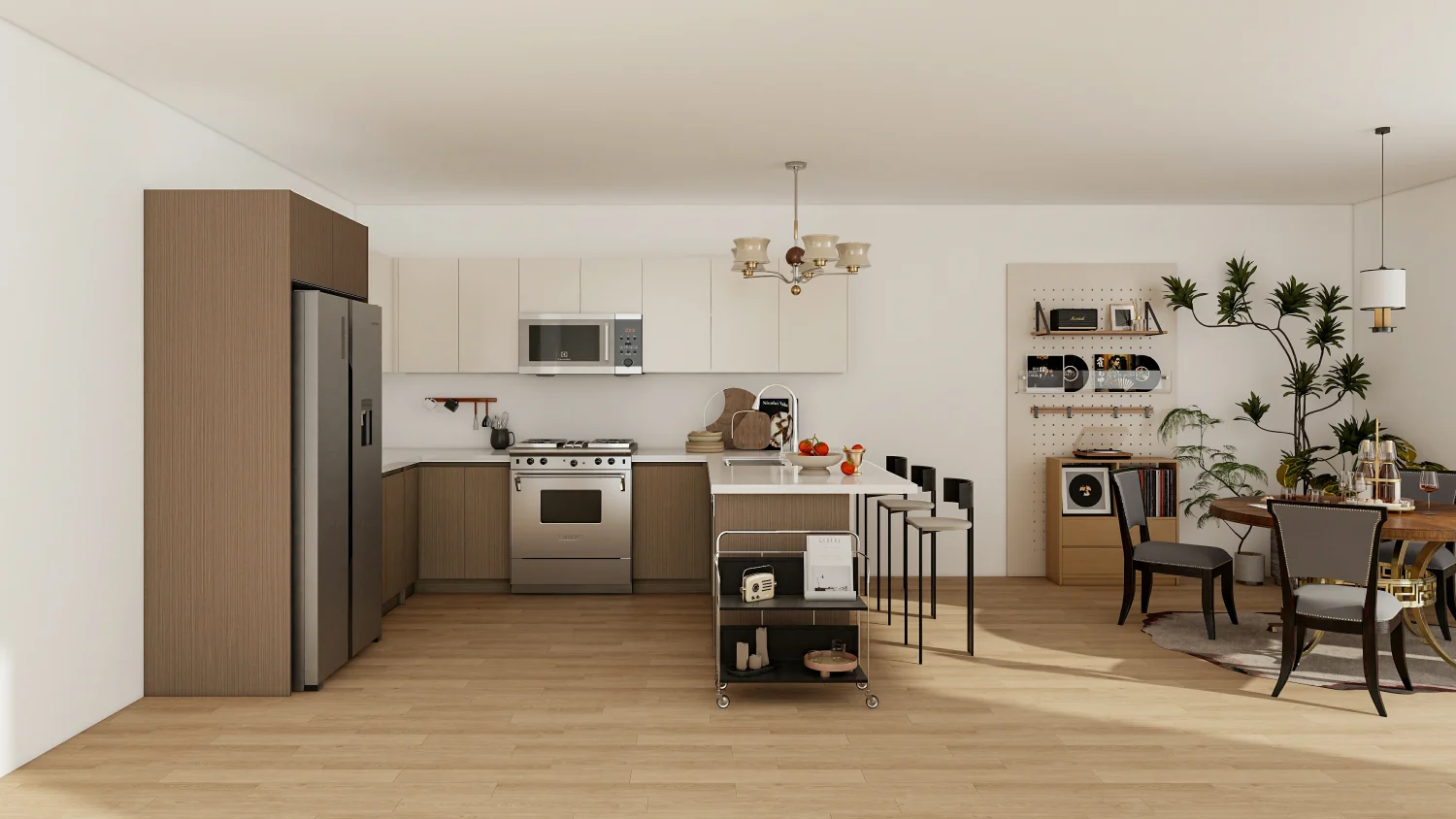 Brown Kitchen Cabinets Inspiration: Top 20 Ideas 38 Brown kitchen cabinets in open-concept kitchen with modern appliances and minimalist furnishings