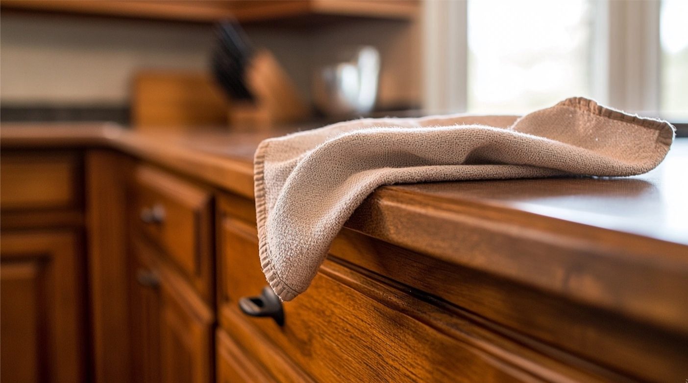 Cherry wood kitchen cupboard being gently cleaned with a soft cloth to maintain its rich finish and natural beauty