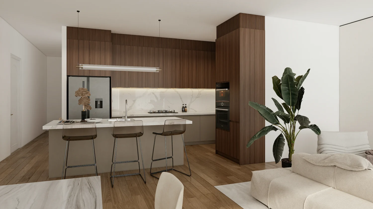 Brown Kitchen Cabinets Inspiration: Top 20 Ideas 24 Modern kitchen with brown painted kitchen cabinets and white countertops