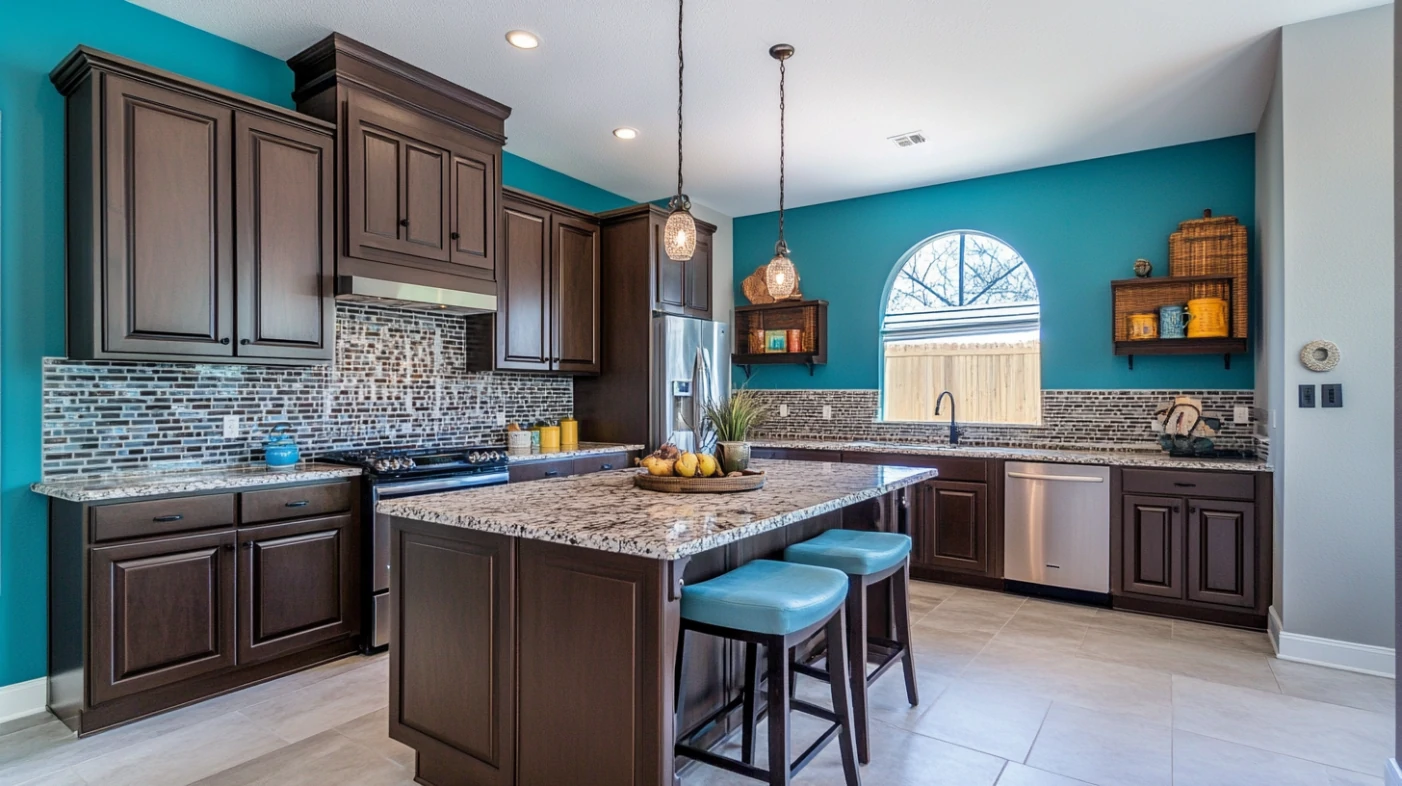 Brown Kitchen Cabinets Inspiration: Top 20 Ideas 27 Dark brown kitchen cabinets with a teal accent wall and mosaic backsplash
