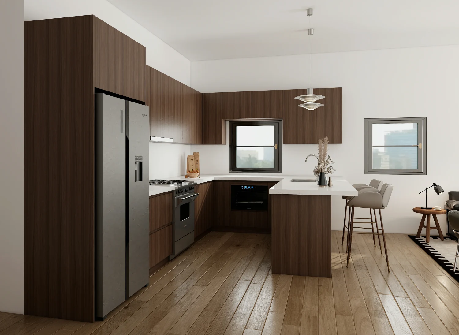 Brown Kitchen Cabinets Inspiration: Top 20 Ideas 19 Modern kitchen with brown kitchen cabinets and white countertops