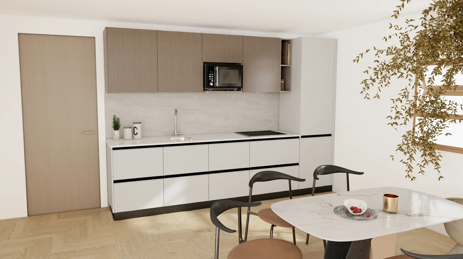 Brown Kitchen Cabinets Inspiration: Top 20 Ideas 23 Two-tone brown kitchen cabinets with white lower cabinets and wood accents in modern dining area