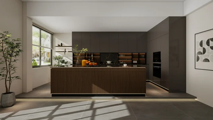 Modern kitchen with dark brown kitchen cabinets and ambient lighting