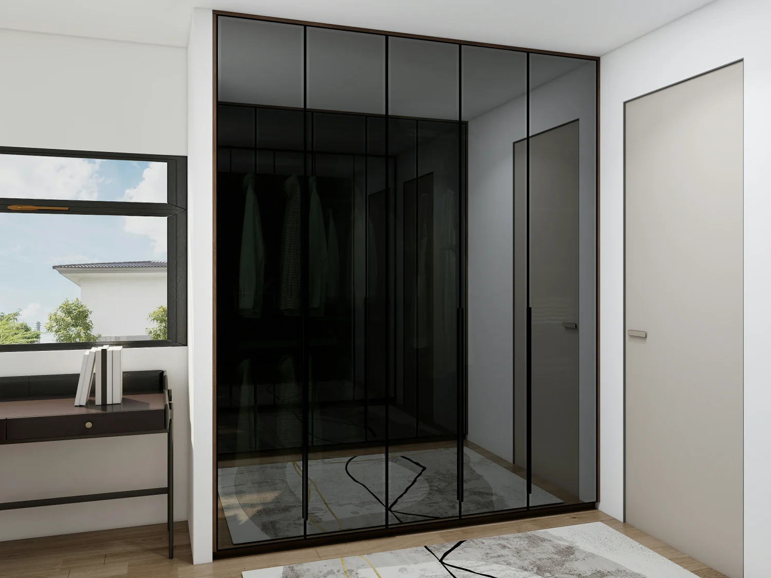 Closed aluminum-framed closet doors with a minimalist design.
