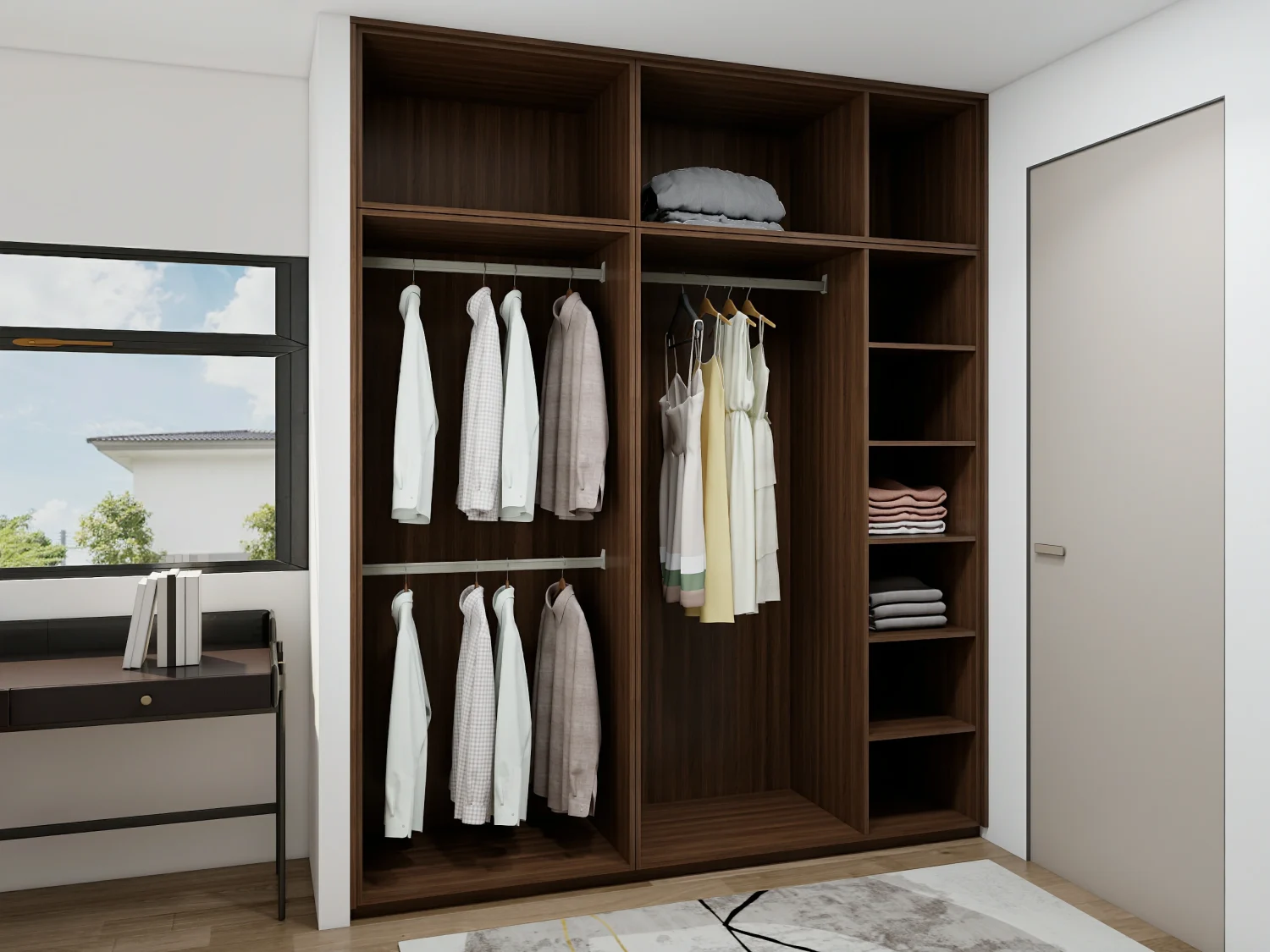 Aluminum-framed closet doors with a modern design, open view