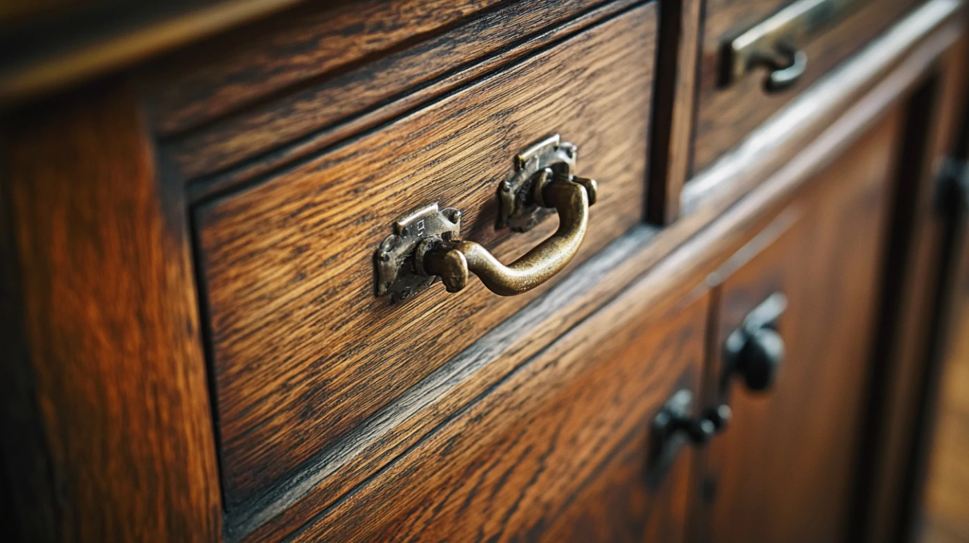 close-up of antique hoosier cabinet brass handle and oak wood drawer front