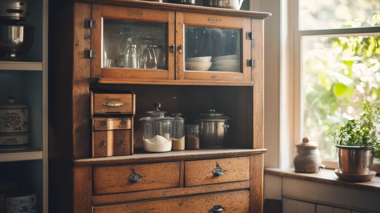 antique hoosier cabinet with open shelves showing jars and kitchenware