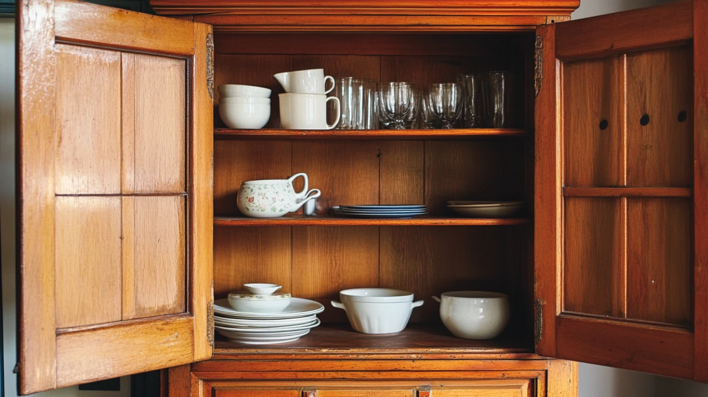 restore an antique hoosier Cabinet, antique hoosier cabinet wooden doors open displaying plates and cups inside