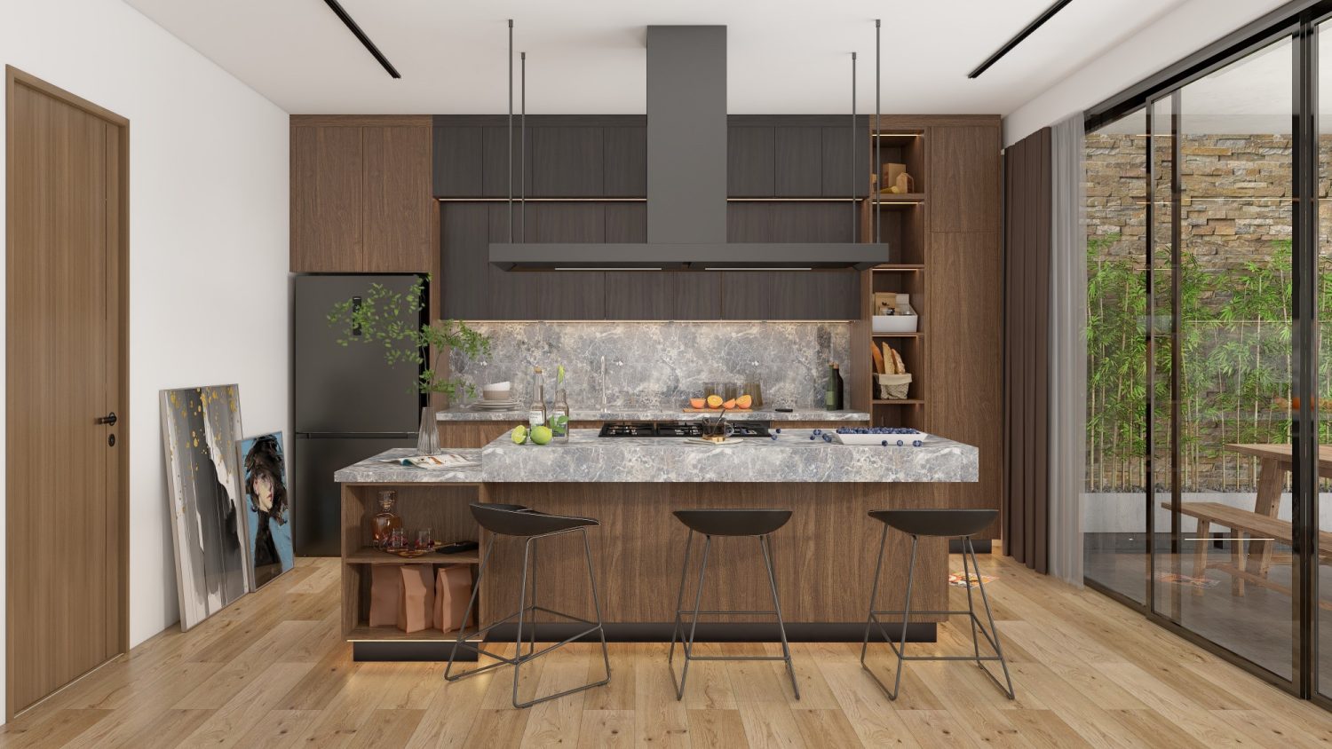 Archipelago Heritage Series kitchen with marble island, hand-carved solid wood cabinets, suspended vent hood, indoor-outdoor flow
