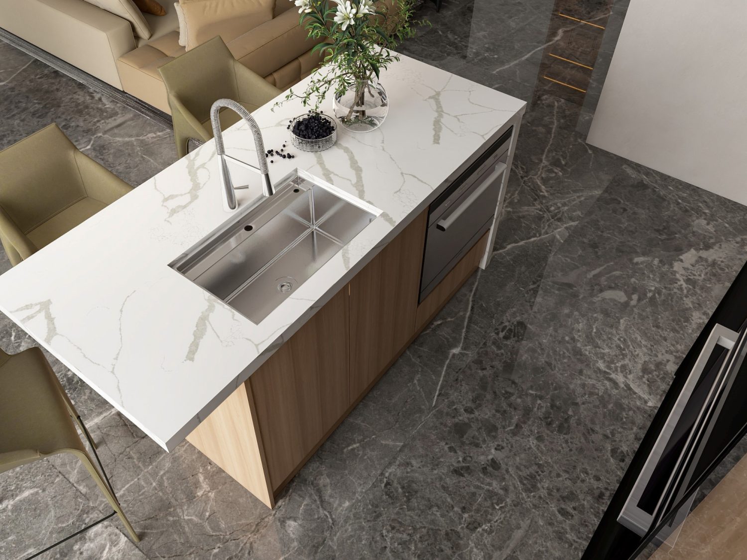 Marble-topped kitchen island with integrated stainless sink and warm wood base set against dark stone flooring in a semi-outdoor villa kitchen.