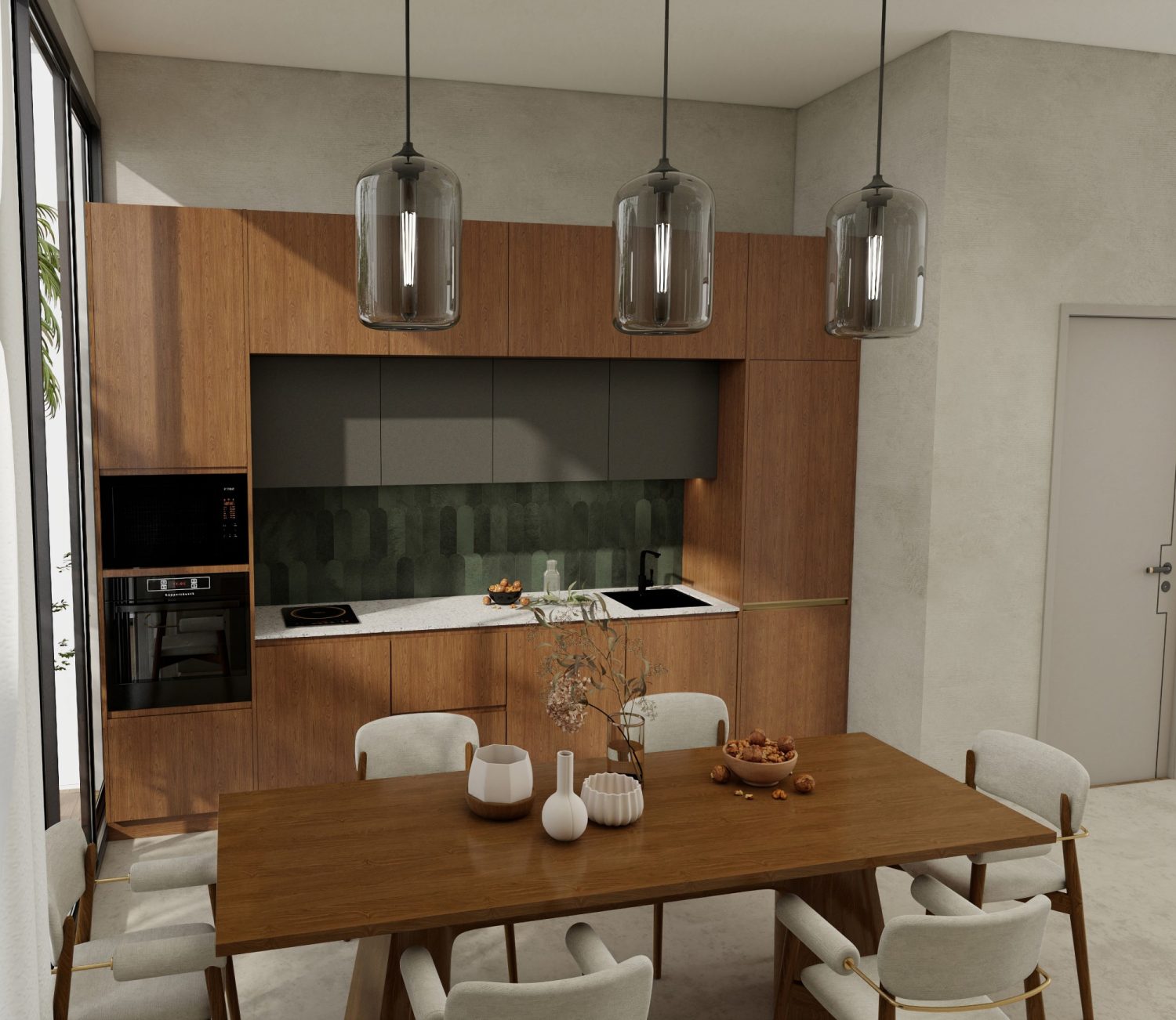 Open-air Archipelago Heritage Series kitchen with semi-outdoor solid wood cabinets featuring hand-carved Indonesian motifs