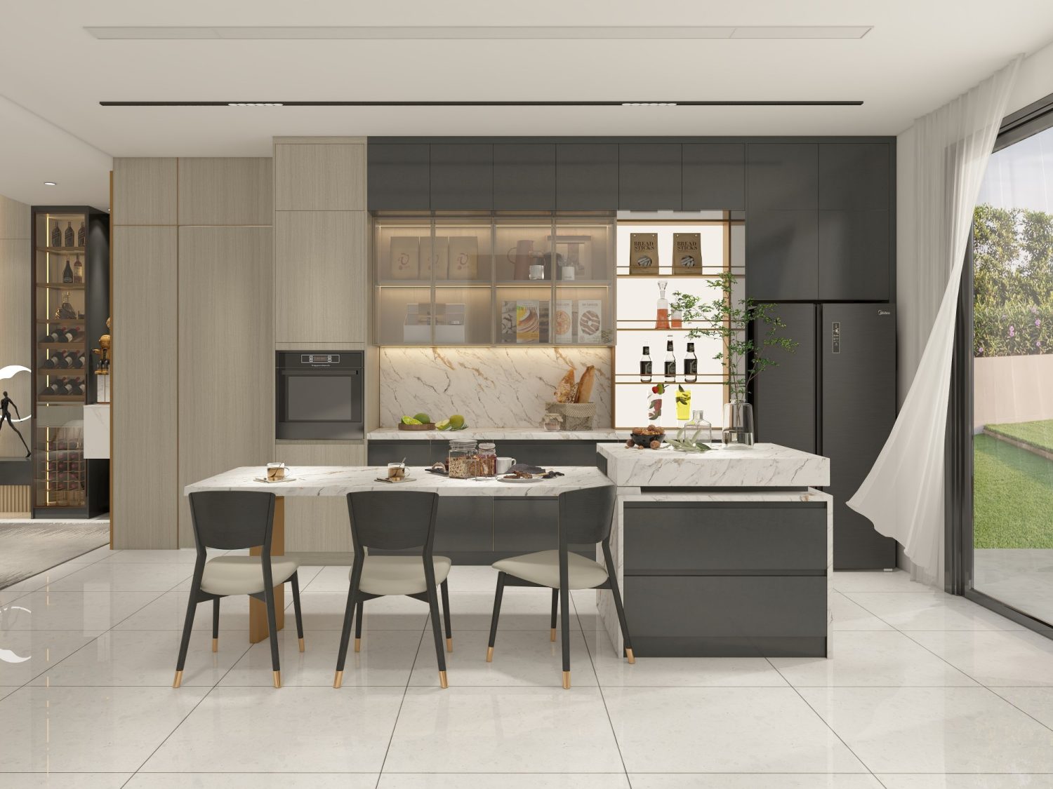 Modern fusion kitchen with solid wood and matte gray cabinets, natural stone island, rattan shelving, and seamless indoor-outdoor integration.