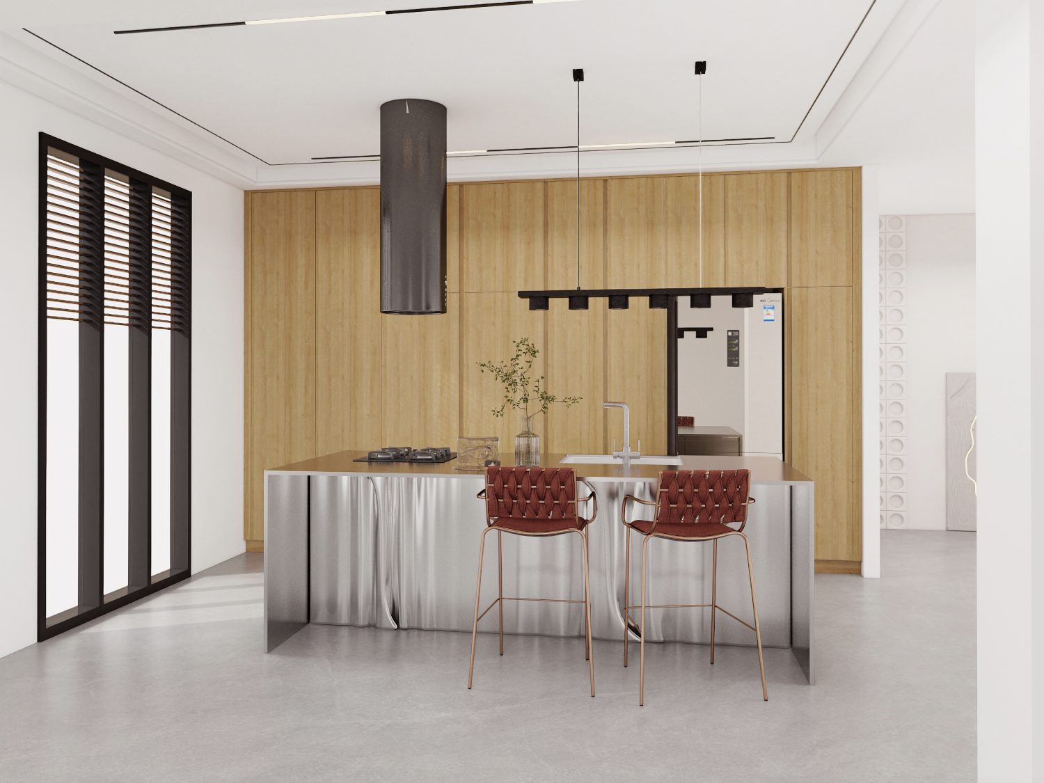 Archipelago Heritage Series stainless steel kitchen island with solid wood cabinets and suspended cylindrical vent hood