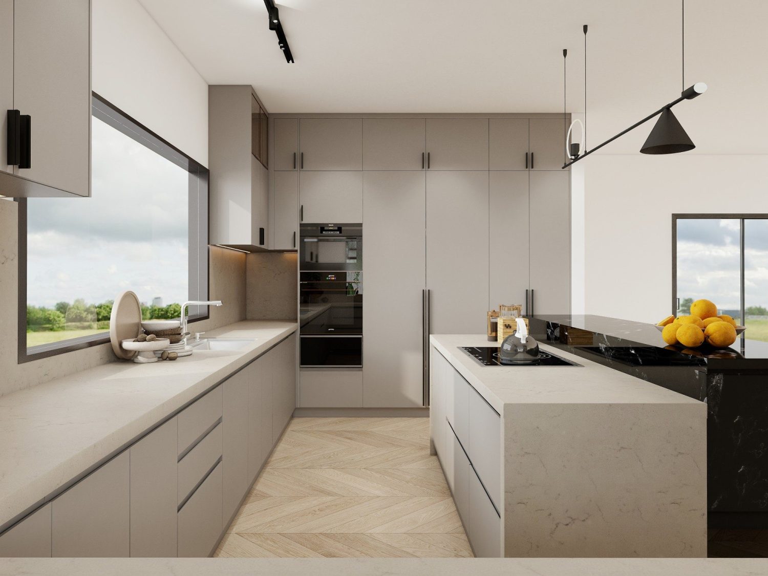 Contemporary kitchen with matte flat panel cabinets, modern island bench, and light timber herringbone flooring