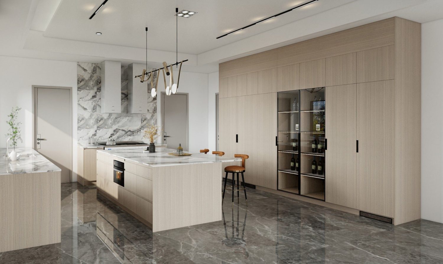 Contemporary Australian kitchen with marble island, integrated handles, and flat panel cabinetry in light timber finish