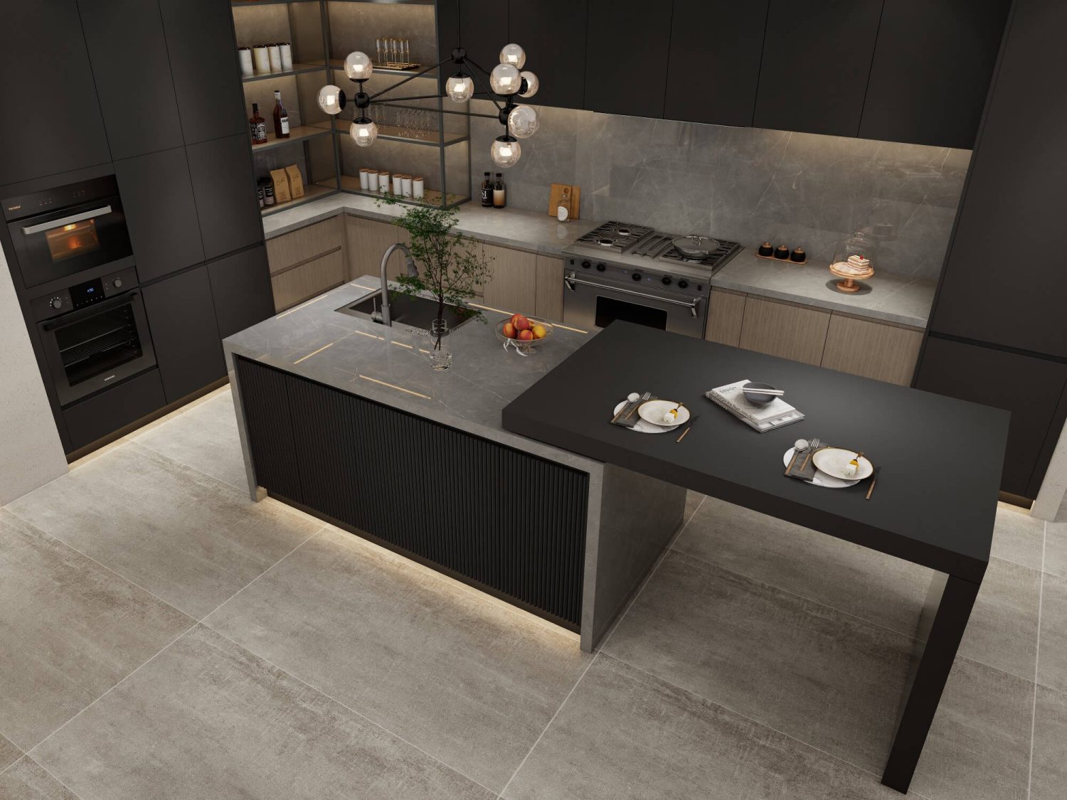 Modern kitchen featuring a waterfall edge countertop with sleek black and gray surfaces.