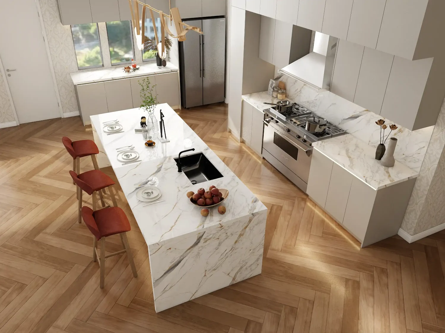 Spacious kitchen with a marble countertop offering a sleek and elegant surface for daily use.